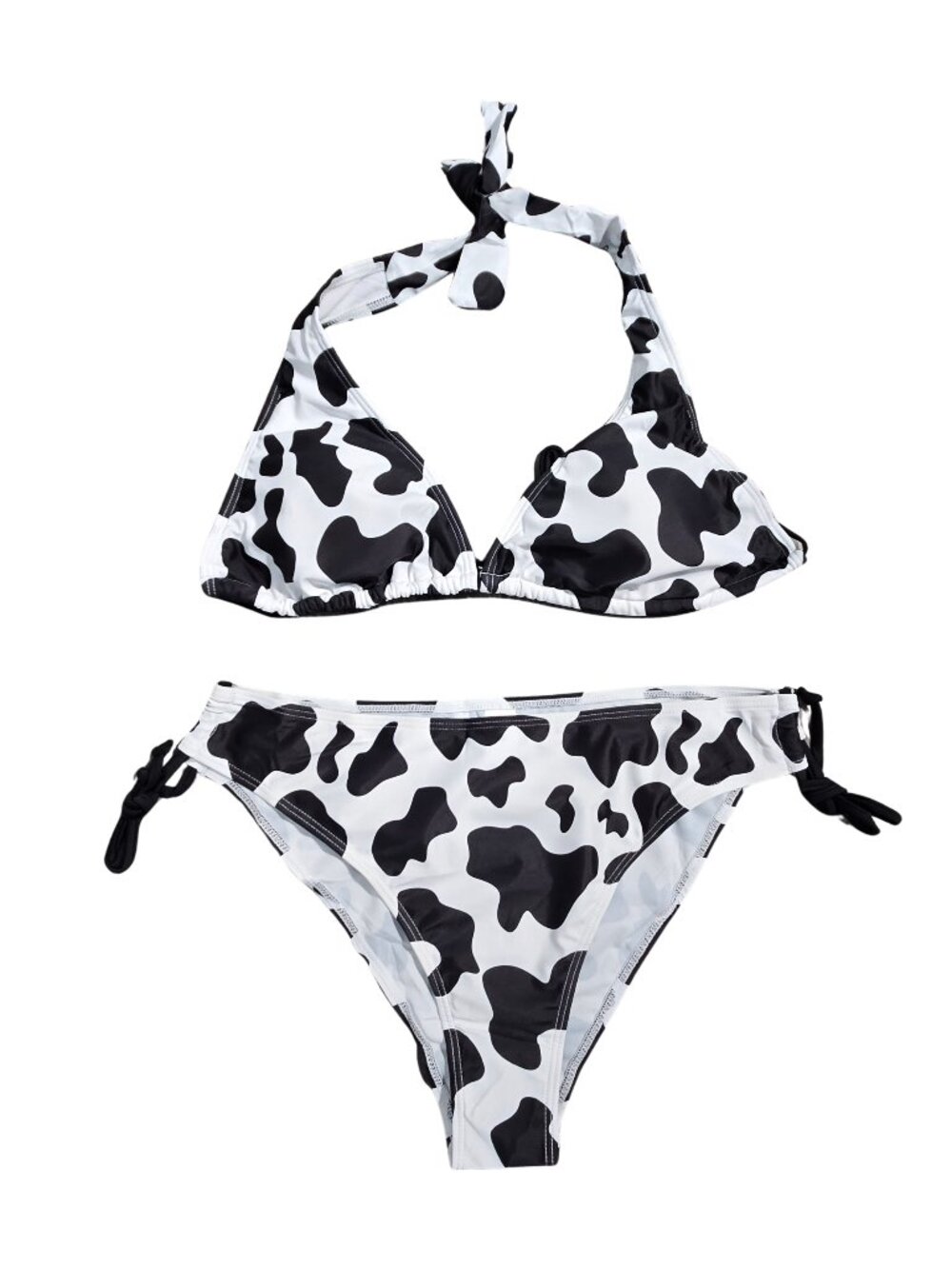 NWOT | Black & White Cow Print Halter Triangle Bikini Set Side Tie Bottoms Large